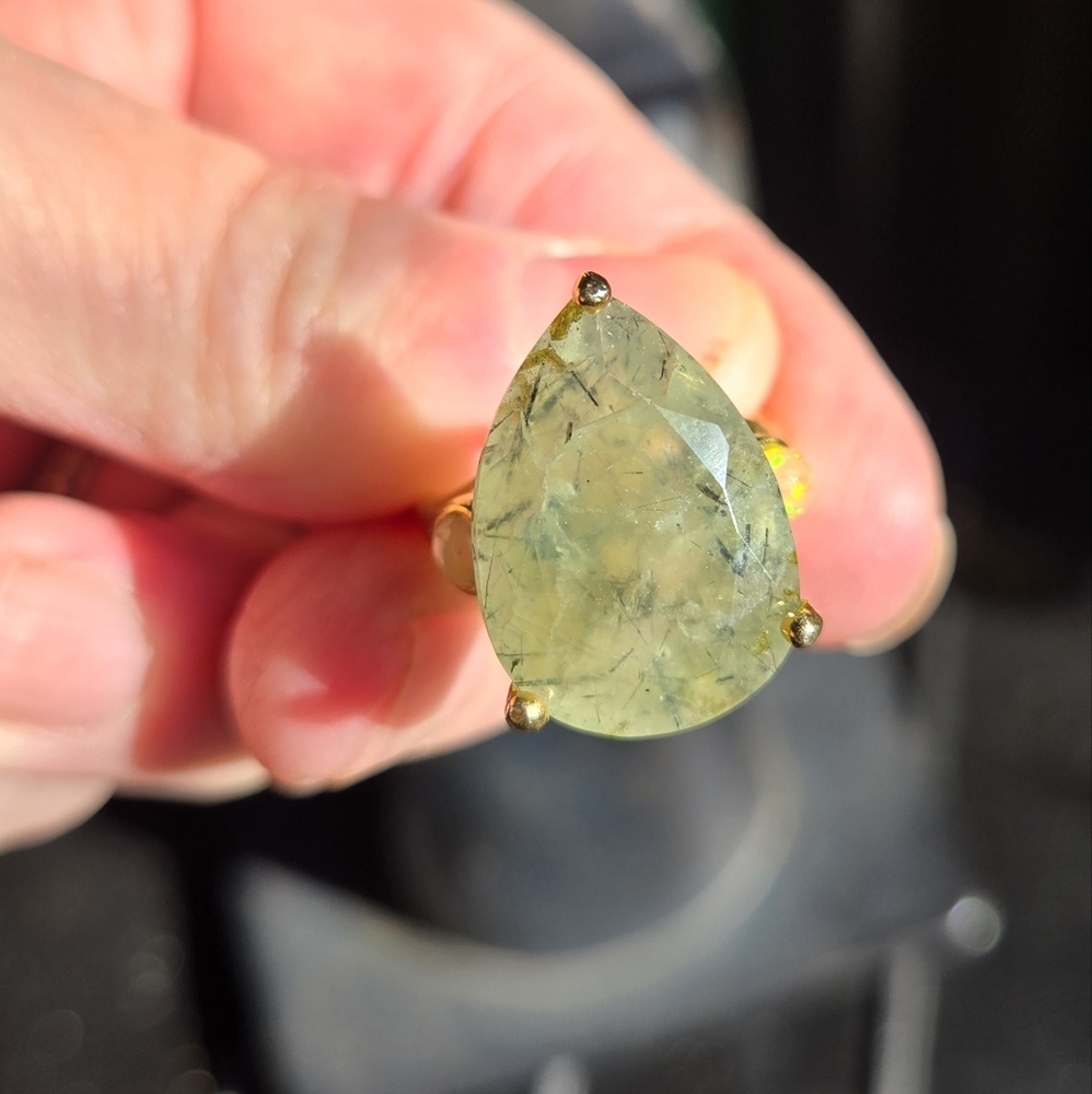 Prehnite & opal sterling & gold Ring sz7.5 - Picture 1 of 15